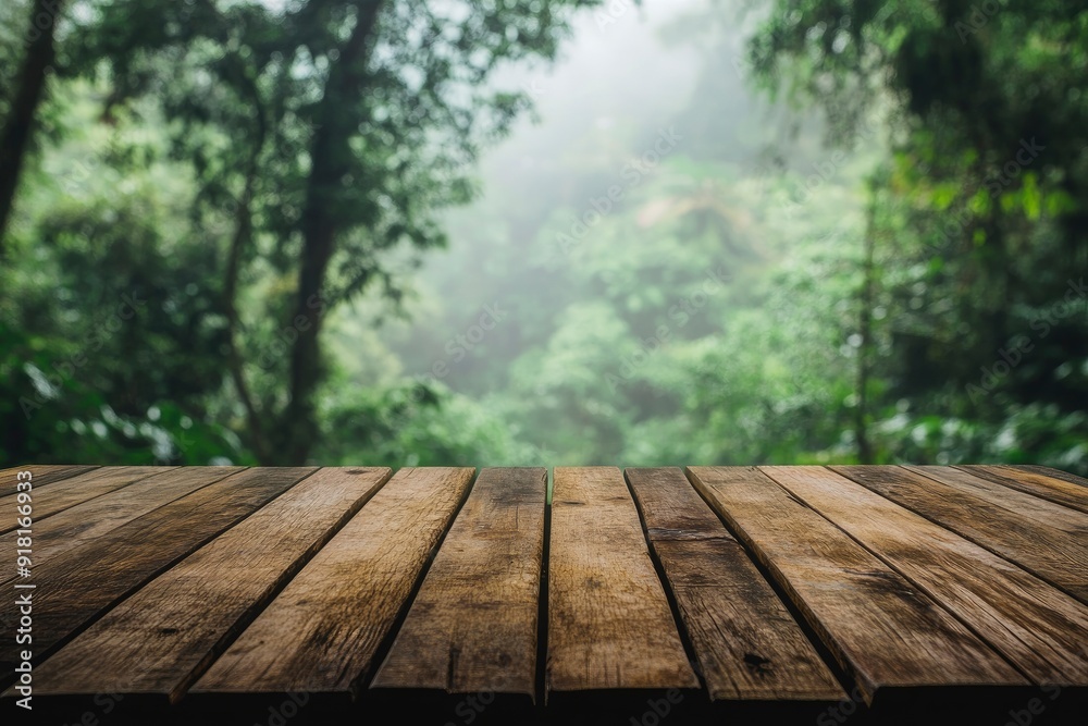Empty wood table top with blur background of nature lush green forest with generative ai Empty wood table top with blur background of nature lush green forest with generative ai