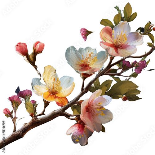 Blossom Tree Branch with Colorful Flowers Isolated on Transparent Background PNG