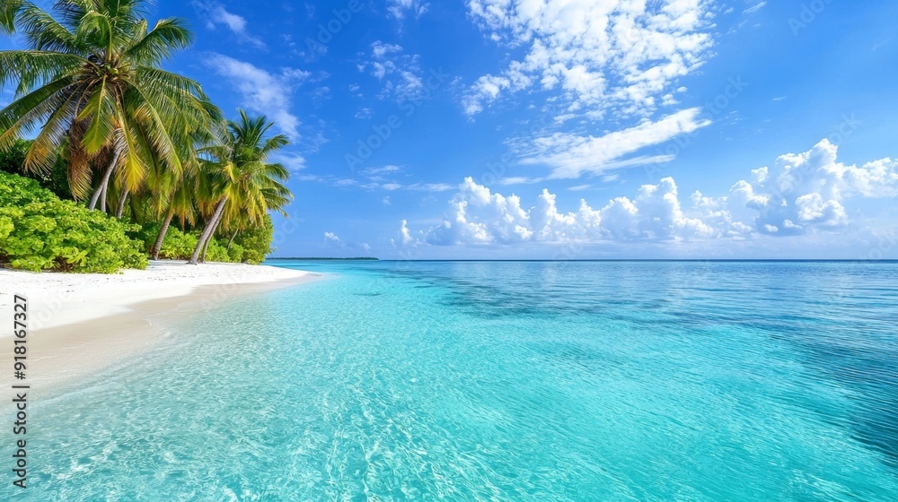 Fototapeta premium Serene Beach Scene with Palm Trees in the Maldives for Travel or Vacation Advertising Generative AI