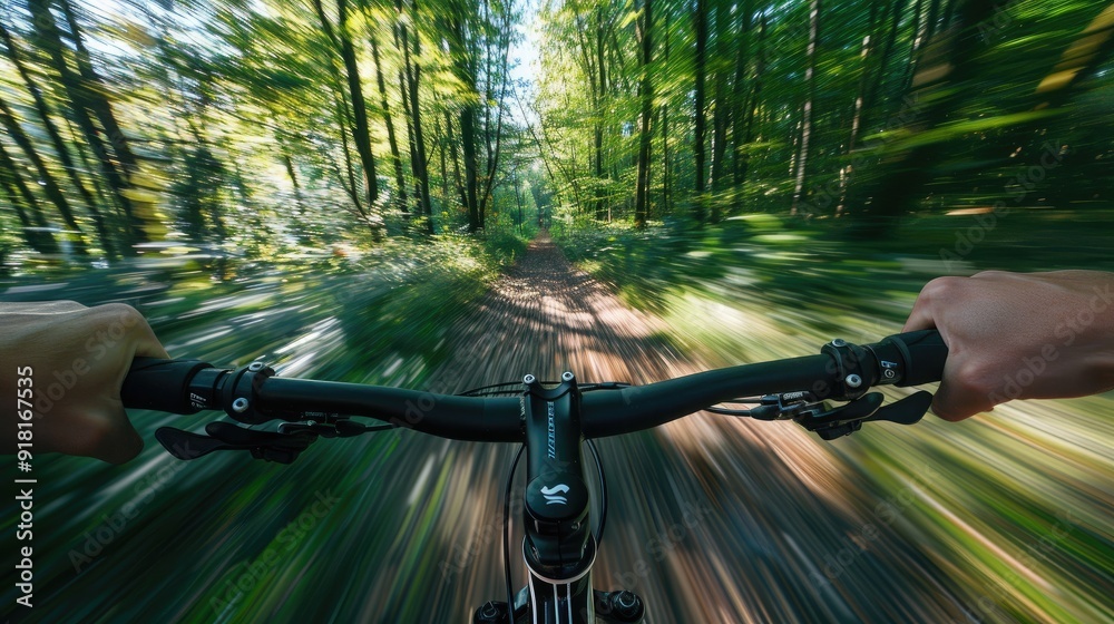 POV perspective of a cyclist with hand on handlebars riding through a forest at speed POV perspective of a cyclist with hand on handlebars riding through a forest at speed