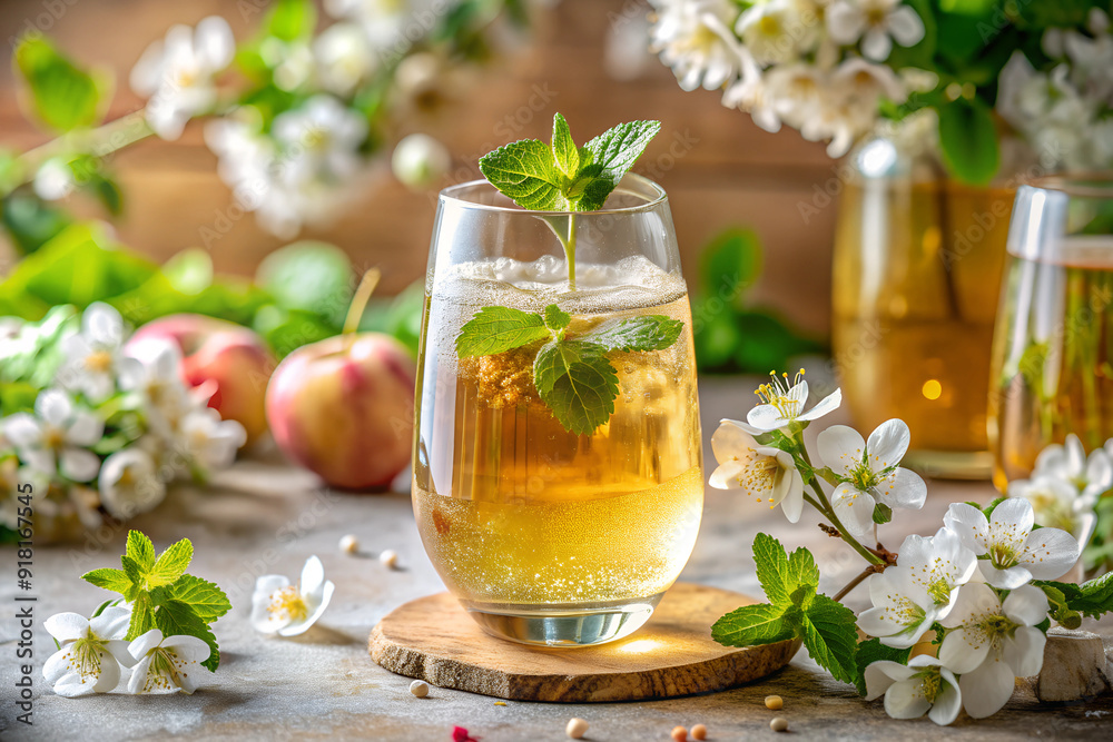 Refreshing Apple Cider with Mint Garnish on a Floral Table Setting Refreshing Apple Cider with Mint Garnish on a Floral Table Setting