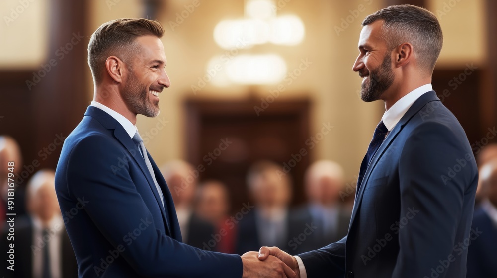 Candidates shaking hands and engaging with voters at a town hall meeting, with a lively audience Candidates shaking hands and engaging with voters at a town hall meeting, with a lively audience