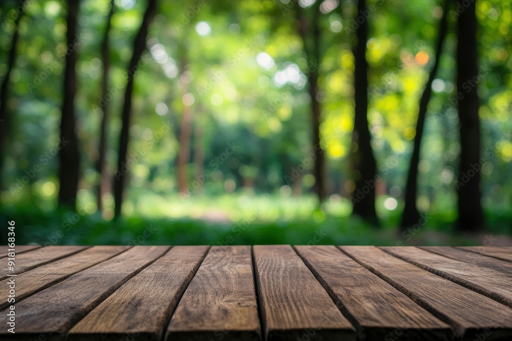Empty wood table top with blur background of nature lush green forest with generative ai Empty wood table top with blur background of nature lush green forest with generative ai
