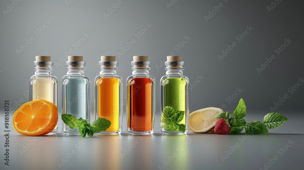 Bath oils in glass bottles, luxurious feel, realistic style