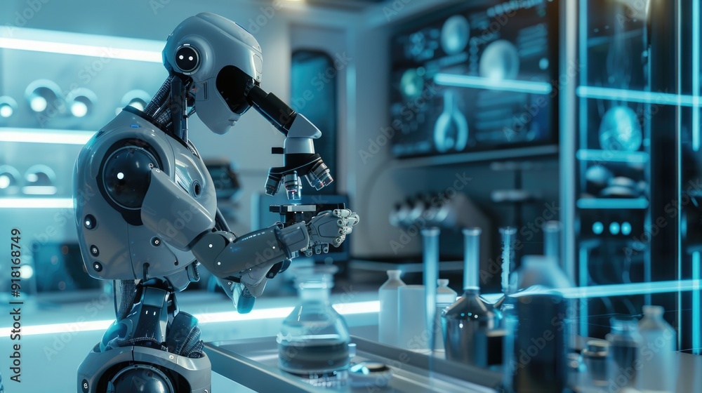 Metallic silver humanoid robot operating a microscope in a futuristic laboratory setting. Metallic silver humanoid robot operating a microscope in a futuristic laboratory setting.