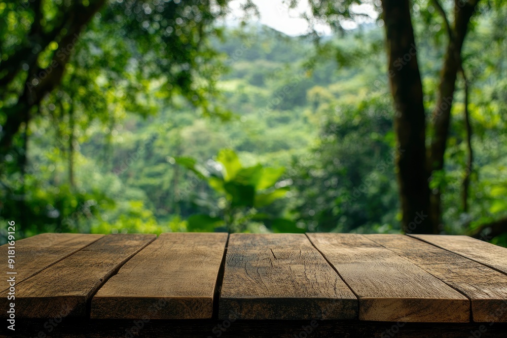 Empty wood table top with blur background of nature lush green forest with generative ai Empty wood table top with blur background of nature lush green forest with generative ai