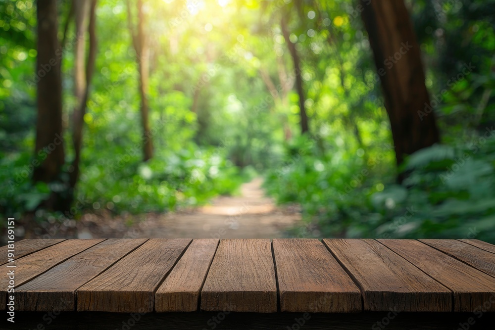 Empty wood table top with blur background of nature lush green forest with generative ai Empty wood table top with blur background of nature lush green forest with generative ai
