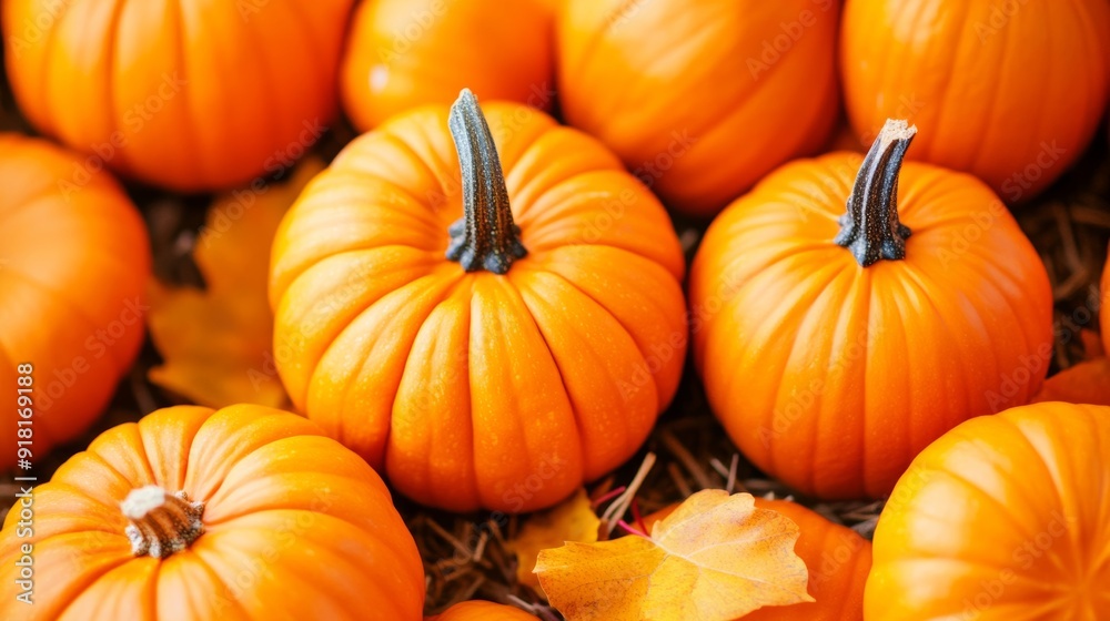 Close-up of a harvest market's display of bright orange pumpkins and gourds, with a scattering of hay and fall leaves Close-up of a harvest market's display of bright orange pumpkins and gourds, with a scattering of hay and fall leaves