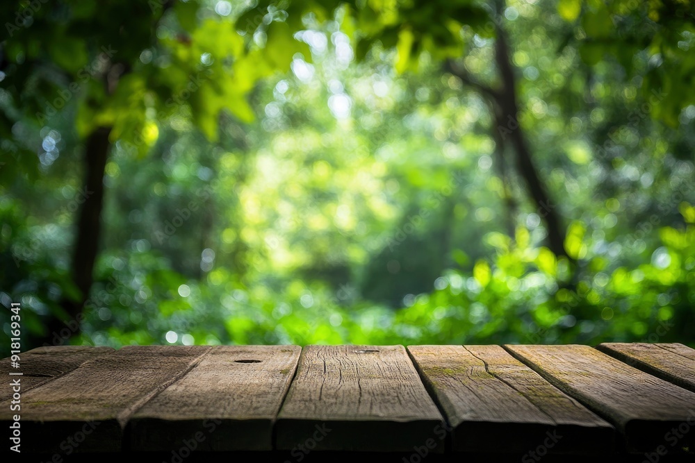 Empty wood table top with blur background of nature lush green forest with generative ai Empty wood table top with blur background of nature lush green forest with generative ai
