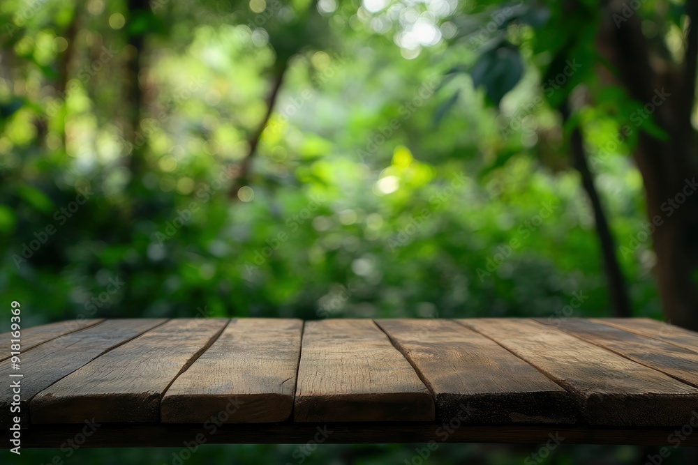 Empty wood table top with blur background of nature lush green forest with generative ai Empty wood table top with blur background of nature lush green forest with generative ai