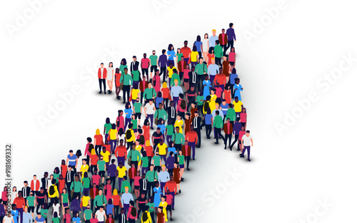 Large group of people in the shape of an arrow, business, and technology.