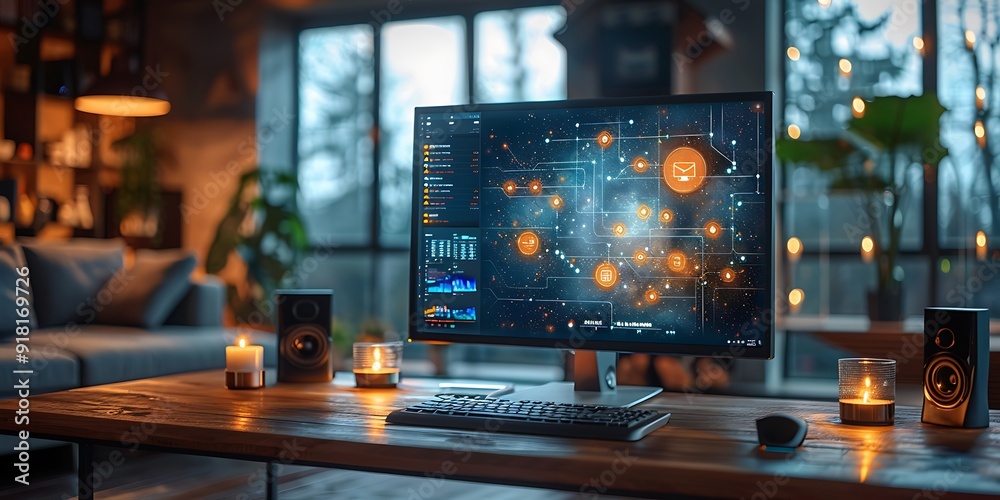 Technology Smart home with connected devices and digital icons Glowing house with symbolism Technology Smart home with connected devices and digital icons Glowing house with symbolism
