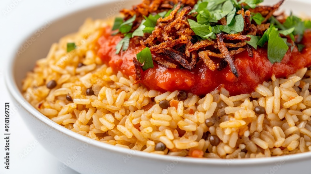 Close-up of Egyptian koshari, a mix of rice, lentils, and pasta topped with spicy tomato sauce and crispy onions, isolated on white background Close-up of Egyptian koshari, a mix of rice, lentils, and pasta topped with spicy tomato sauce and crispy onions, isolated on white background