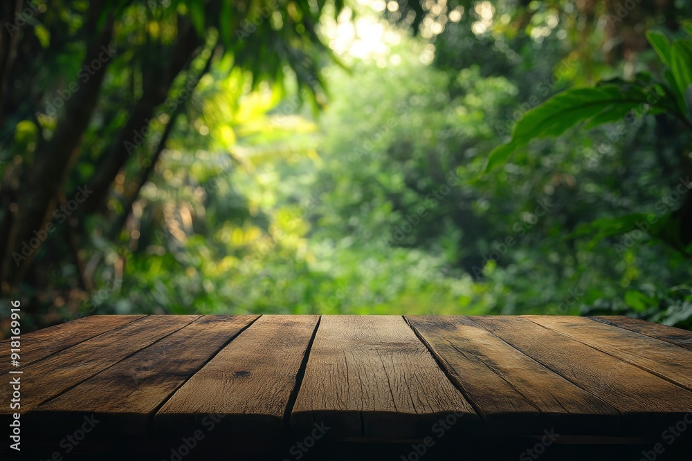 Empty wood table top with blur background of nature lush green forest with generative ai Empty wood table top with blur background of nature lush green forest with generative ai