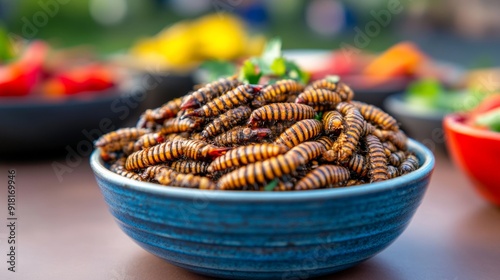 Close-up of Namibia's mopane worms, dried and fried caterpillars served in a bowl with traditional spices and sauces  photo