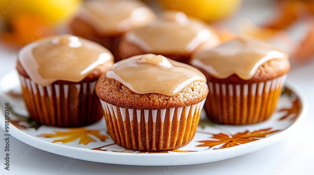Close-up of spiced pear and ginger muffins, topped with a cinnamon glaze, on a decorative autumn-themed plate 