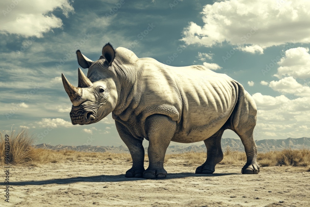 Fototapeta premium Vanishing Giants: The Plight of the Rhinoceros Amidst Desolate Landscapes and the Dire Need for Conservation Efforts in the Face of Climate Change.