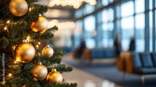 closeup of a beautifully decorated Christmas tree in an airport lounge, ornaments and twinkling lights, travelers in the background 