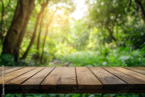 Empty wood table top with blur background of nature lush green forest with generative ai