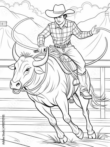 Rodeo Cowboy Bull Riding Coloring Page for Kids