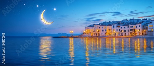 Crescent Moon and Star Seaside Night Islam Religion Spiritual Symbol - Generative AI photo