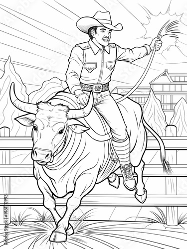 Rodeo Cowboy Bull Riding Coloring Page for Kids