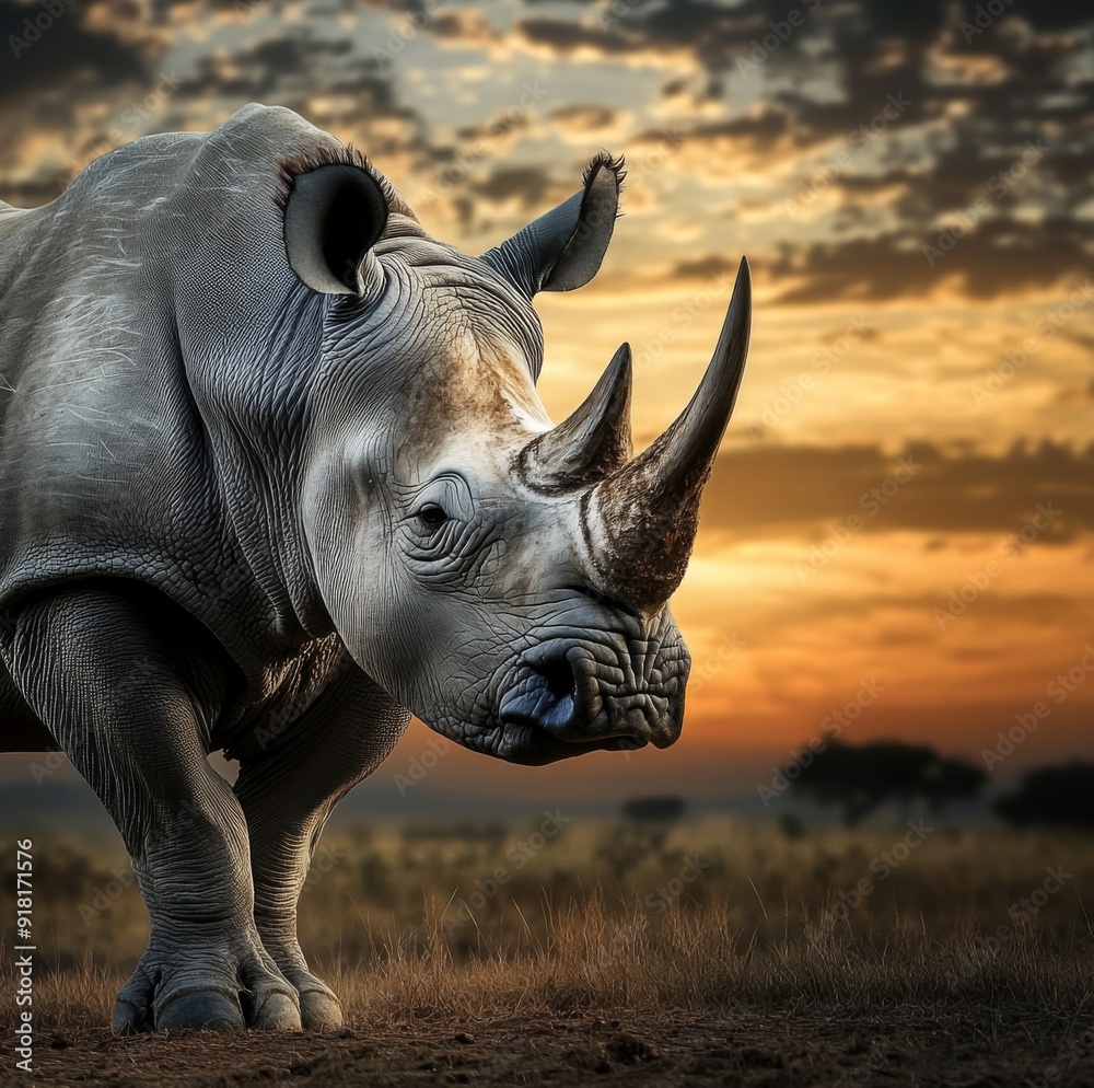 Fototapeta premium Endangered Rhino in a Desolate Landscape, a Stark Reminder of Climate Change's Impact and the Urgency for Conservation Efforts.