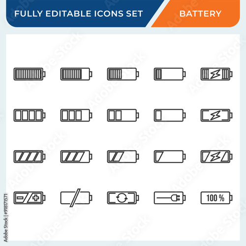 battery charge line icon editable set.