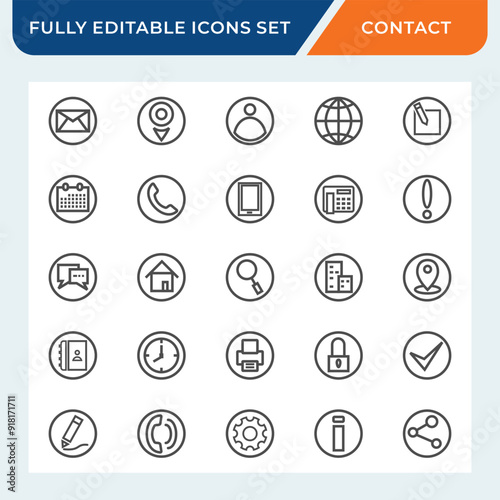 contact basic icon set. communication web icon icons collection with editable stroke.