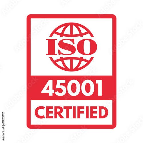 iso 45001 occupational health and safety management system certified, vector illustration isolated on white background