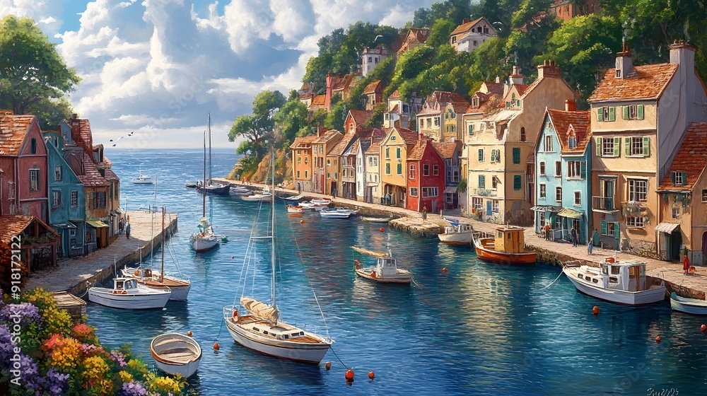 58. A charming seaside village with quaint houses, colorful boats, and a serene harbor