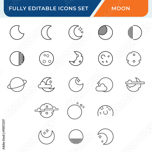 moon line icon set. icons collection with editable vector stroke.