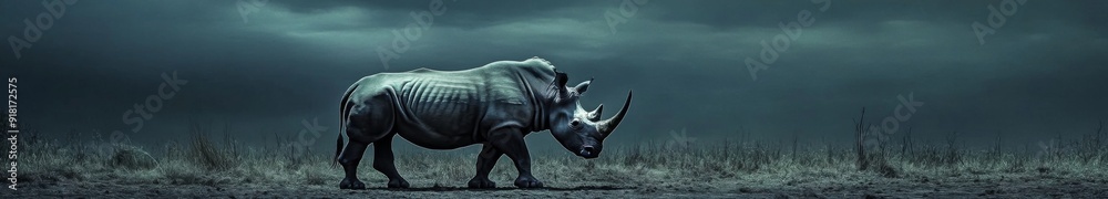 Fototapeta premium Endangered Rhino in a Desolate Landscape, a Stark Reminder of Climate Change's Impact and the Urgency for Conservation Efforts.
