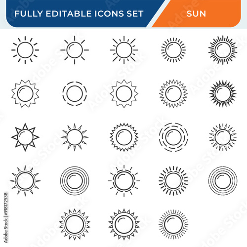 sun line icon set. sunburst icons collection with editable stroke.