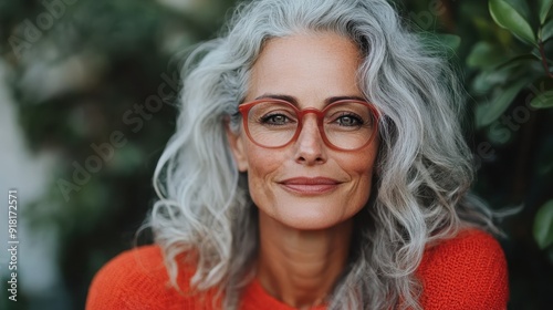 A beautiful portrait of a graceful middle-aged woman with long gray hair and stylish glasses, smiling calmly against a leafy green background, representing wisdom. photo