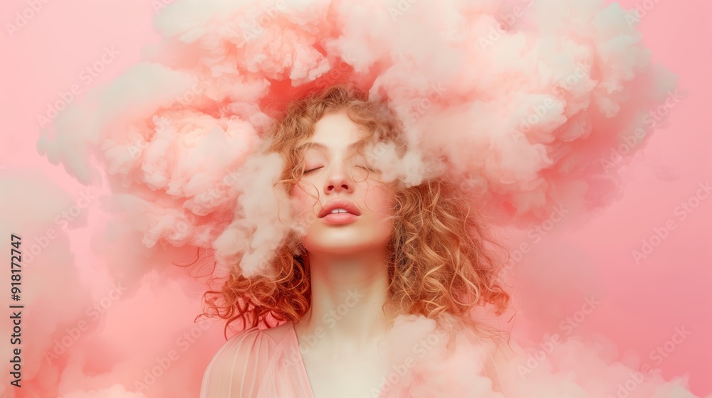 Dreamy Young Woman Surrounded by Soft Pink Clouds in a Fantasy Scene Dreamy Young Woman Surrounded by Soft Pink Clouds in a Fantasy Scene