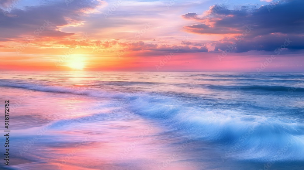 Fototapeta premium 62. A serene sunrise over a calm ocean with gentle waves and a soft, colorful sky