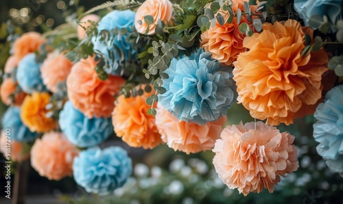 Pom poms in various colors and sizes creating a playful wedding backdrop