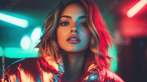 A young woman, clad in a shiny, reflective jacket, stands against a vibrant neon-lit background, looking confidently ahead, embodying modernity and boldness.