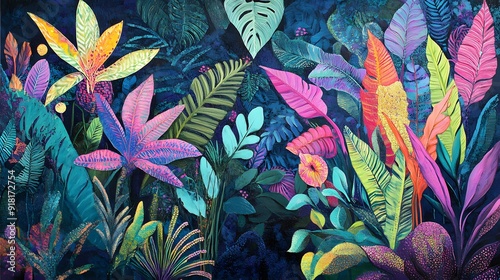 61. A vibrant botanical artwork with a dense jungle scene and a variety of exotic plants