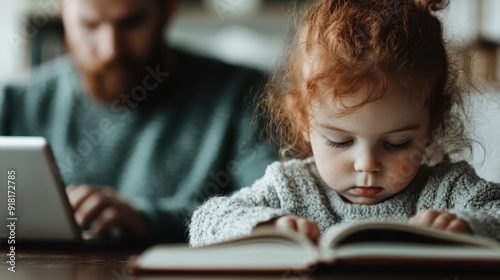 A red-haired child concentrates on reading a book while seated at a table, creating an atmosphere of learning and curiosity in a cozy, home environment.