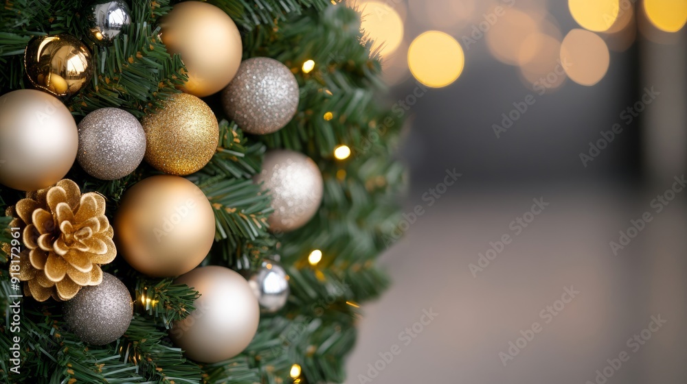 closeup of a luxurious Christmas wreath with gold and silver ornaments hanging on a hotel suite door, elegant and festive 