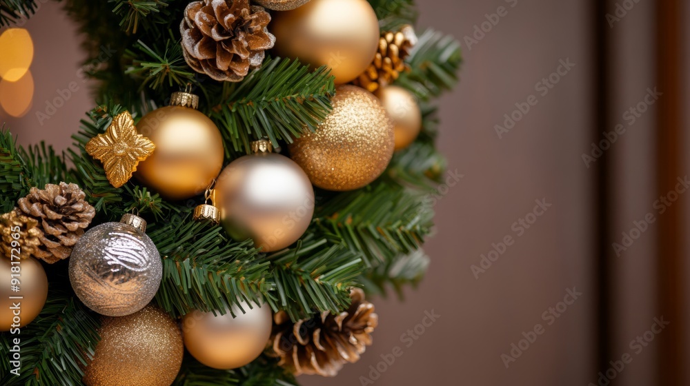 closeup of a luxurious Christmas wreath with gold and silver ornaments hanging on a hotel suite door, elegant and festive closeup of a luxurious Christmas wreath with gold and silver ornaments hanging on a hotel suite door, elegant and festive