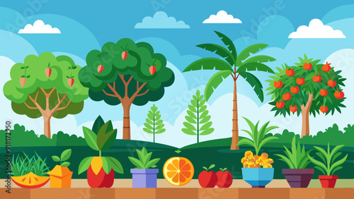 A garden with a separate sections of Herbs, trees in the background vector art illustration 