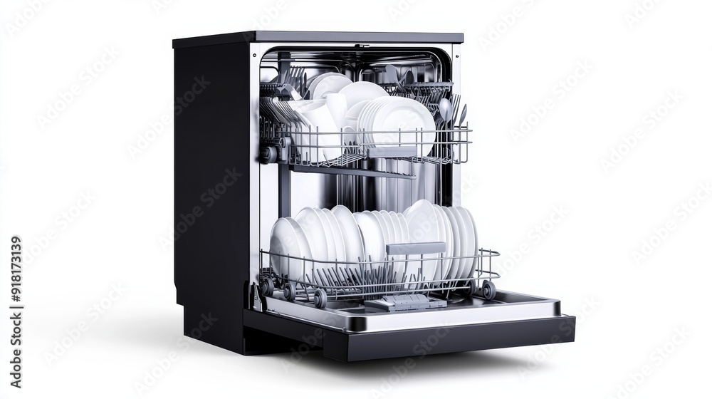 Closeup of a modern dishwasher with an open door, filled with neatly arranged dishes, glasses, and utensils, isolated on a white background, highlighting its efficiency Closeup of a modern dishwasher with an open door, filled with neatly arranged dishes, glasses, and utensils, isolated on a white background, highlighting its efficiency