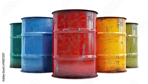 Colorful metal oil barrels, cut out photo