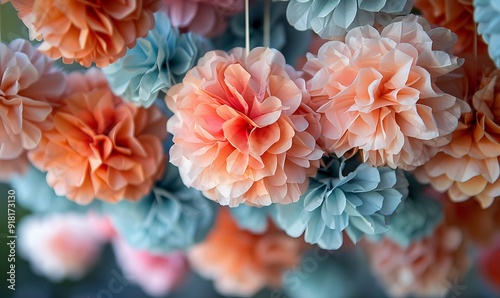 Pom poms in various colors and sizes creating a playful wedding backdrop