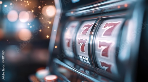 A close-up of a slot machine with the number seven displayed three times in a row, creating a winning line, with a bokeh light background indicating a lively atmosphere. photo