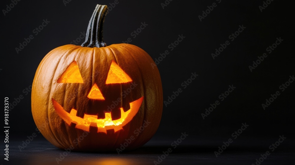 Funny Jack O Lantern halloween pumpkin with candle light inside isolated on black background Funny Jack O Lantern halloween pumpkin with candle light inside isolated on black background