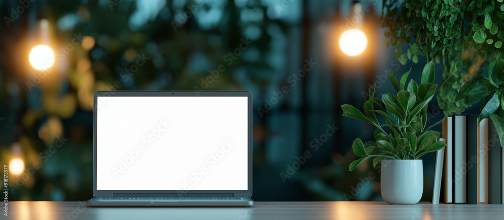 Laptop with blank screen on table with plants and string lights Laptop with blank screen on table with plants and string lights